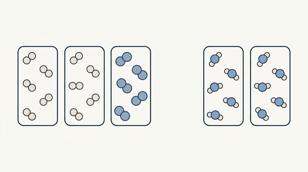 Avogadro's resolution of the combining volumes: two equal jars of hydrogen and one jar of oxygen, each holding the same number of two-atom molecules, reacting to fill two jars of water vapour, so the volumes come out two to one to two while no atom is ever split.