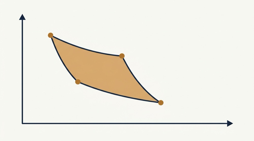 The Carnot cycle on a pressure-volume diagram: a closed loop of four stages, isothermal expansion along the hotter isotherm, adiabatic expansion falling to the colder isotherm, isothermal compression along it, and adiabatic compression closing the loop, with the enclosed area shaded as the net work.