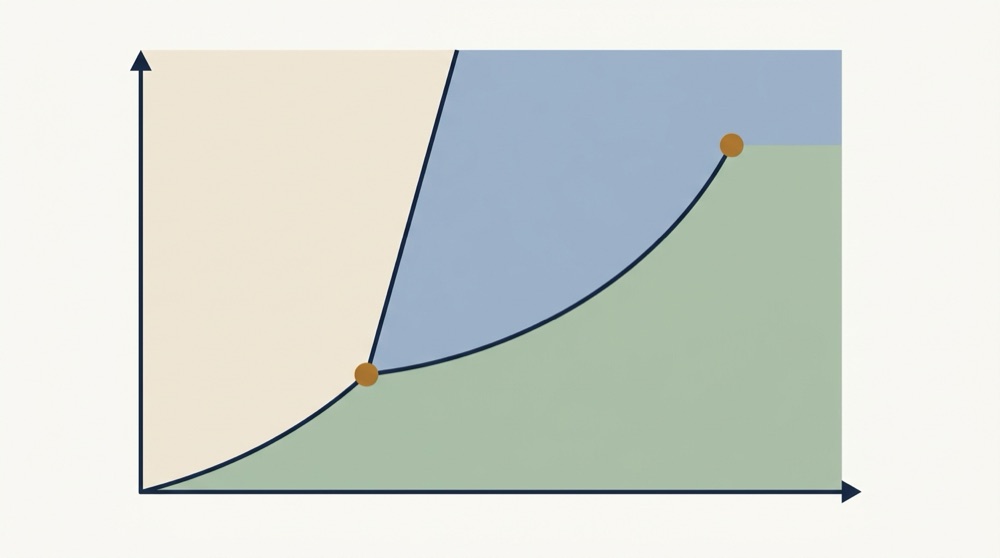 The phase diagram of water on pressure and temperature axes, with the sublimation, fusion and vaporisation lines meeting at the triple point, the vaporisation line ending at the critical point, and the fusion line leaning backwards to the left because ice is less dense than liquid water.